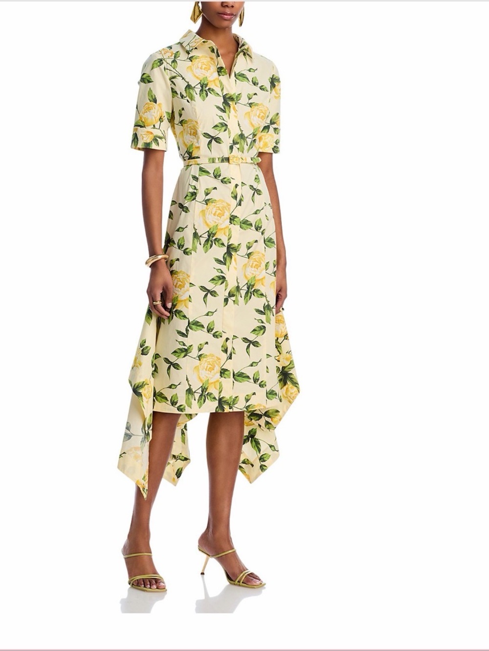 Oscar de la Renta Yellow Floral Handkerchief-Hem Shirt Dress